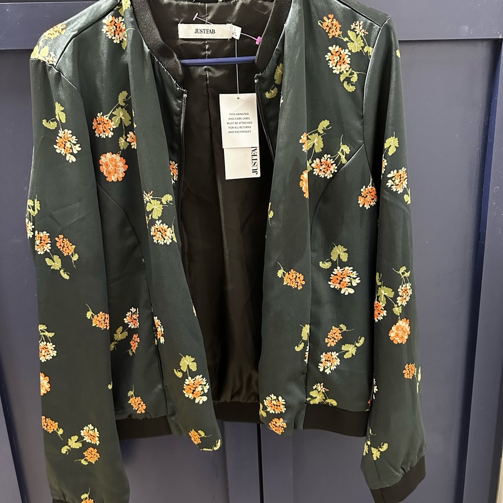 JustFab Dark Blue Floral Bomber Jacket